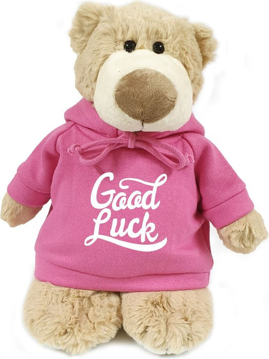 Supersoft, cuddly mascot bear with trendy  pink hoodie. Good Luck. Size 28cm.  Ideal for Boys, girls and adults. New job, Exams, leaving. .Soft and cu