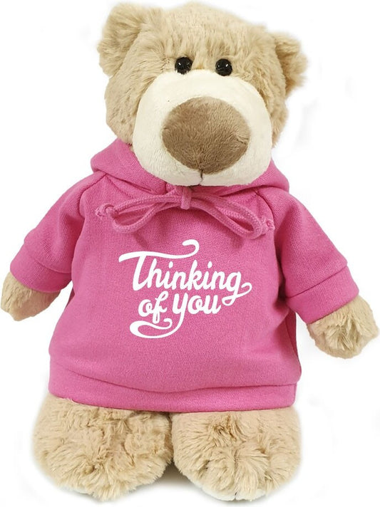 Supersoft, cuddly mascot bear with trendy  pink hoodie. Thinking of You. Size 28cm.deal for Birthdays, Anniversary, Valentine's, boys, girls and adult