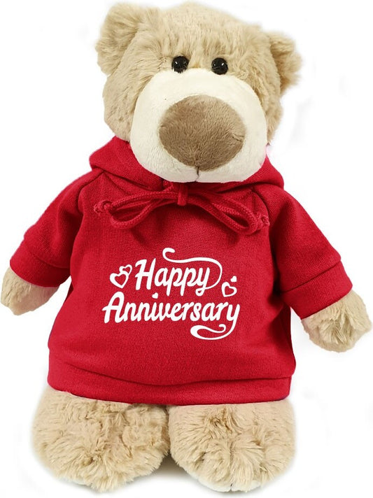 Supersoft, cuddly mascot bear with trendy red hoodie. Happy Anniversary. Size 28cm. Ideal for celebrations, love messages, Valentine's Day,