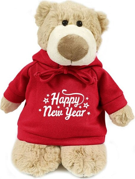 Supersoft, cuddly mascot bear with trendy red hoodie. Happy New Year. Size 28cm. Ideal for celebrations, boys, girls and adult parties.