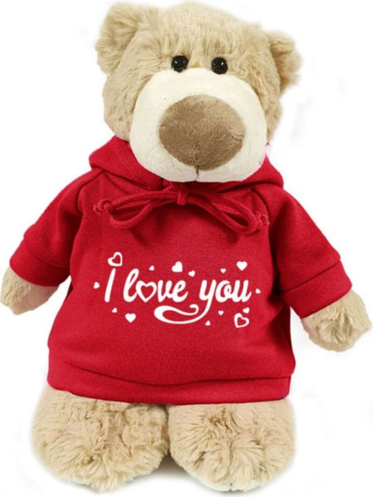 Supersoft, cuddly mascot bear with trendy red hoodie. I Love You. Size 28cm. Soft and cuddly. Ideal for celebrations, love messages, Valentine's Day,