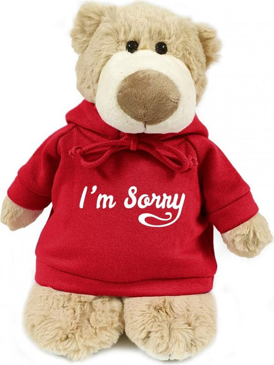 Supersoft, cuddly mascot bear with trendy red hoodie. I'm Sorry Size 28cm. Ideal for celebrations, love messages, Valentine's Day, special occasions,