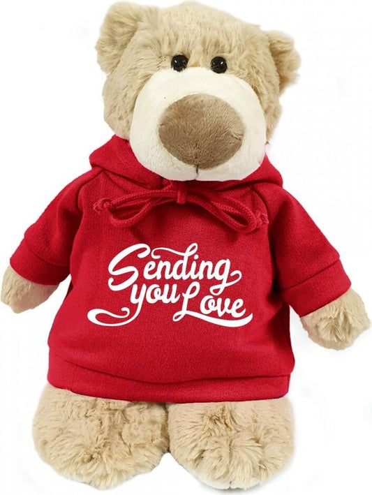 Supersoft, cuddly mascot bear with trendy  red hoodie. Sending you Love. Size 28cm. Ideal for celebrations, love messages, Valentine's Day