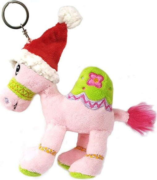 Supersoft cuddly pink camel keyring/ Christmas tree ornament with fluffy Santa hat.  Size 12cm. Ideal stocking filler, Christmas gift.