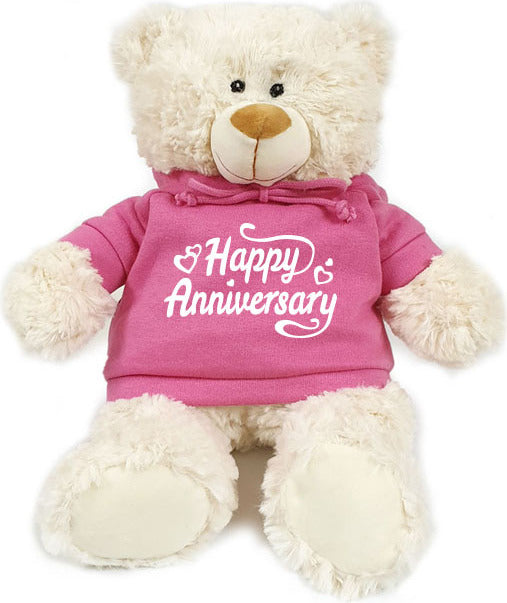 Supersoft, cuddly teddy bear with trendy pink hoodie. Happy Anniversary. Size 38cm. Ideal for celebrations, love messages, Valentine's Day, special oc