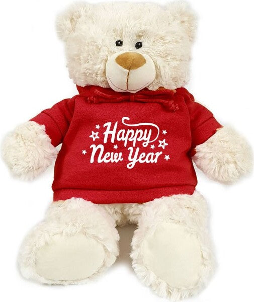 Supersoft, cuddly teddy bear with trendy red hoodie. Happy New Year. Size 38cm. Ideal for celebrations, boys, girls and adult parties. Soft and cuddly