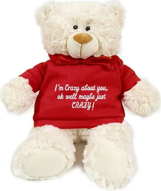 Supersoft, cuddly teddy bear with trendy red hoodie. I'm crazy about you, ok well maybe just CRAZY! . Size 38cm.  Ideal for celebrations, love message