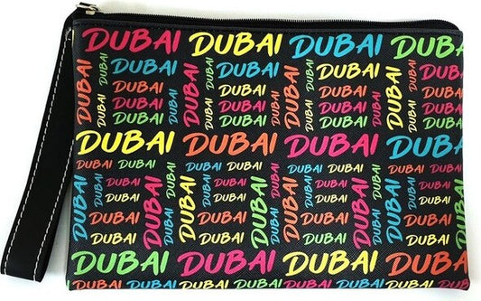 Travel toiletries bag. Funky Dubai Neon Design, water resistant PU Fabric 14 x 22cm.