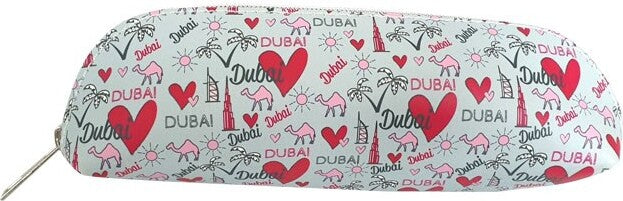 Trendy pencil case/ make up/ toiletries bag. Dubai Icon Love design. Super smooth tough PU fabric, water resistant. Size: 7cm