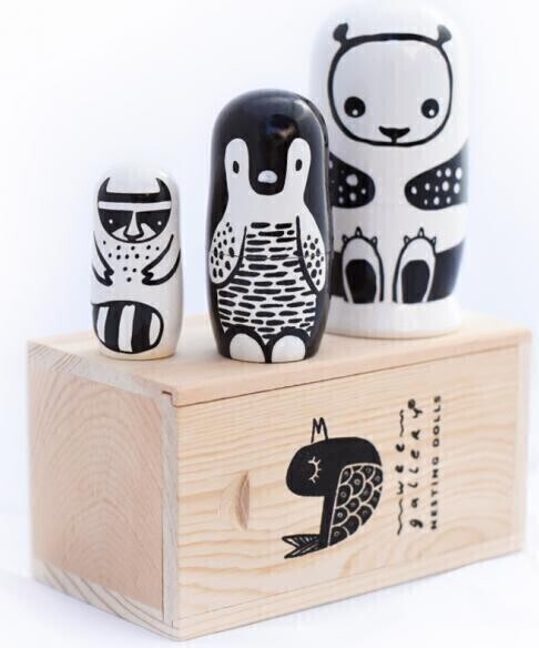 Wee Gallery Set of 3 Nesting Dolls - Black and White Animals - Panda, Penguin, Racoon