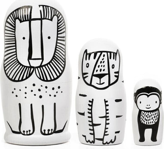 Wee Gallery Set of 3 Nesting Dolls - Wild Animals - Lion, Tiger, Monkey