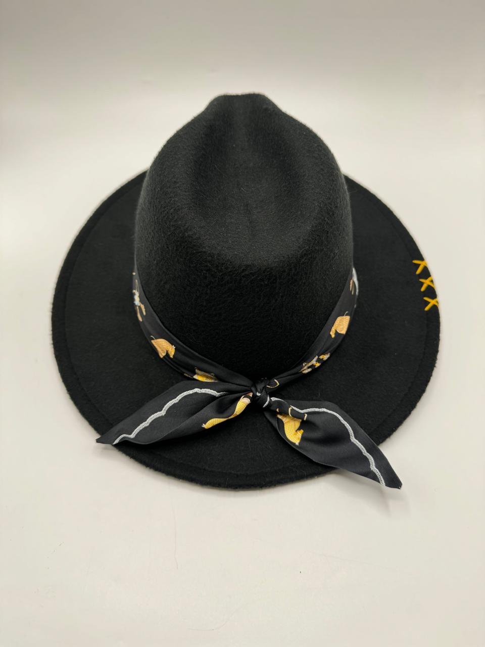 Black fedora with carriage scarf