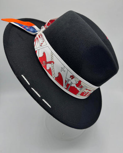 Black fedora with white and red details