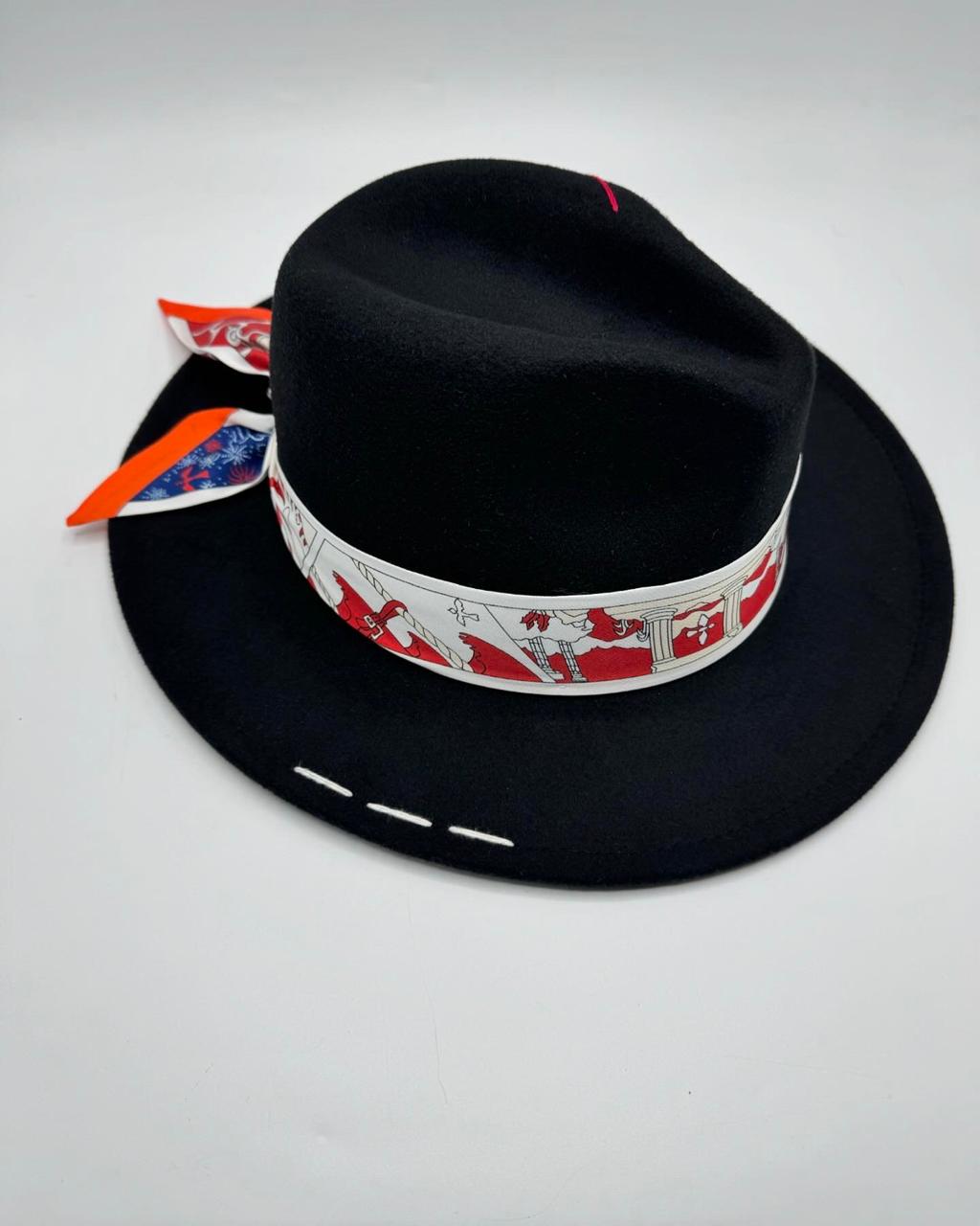 Black fedora with white and red details