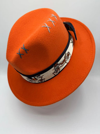 Orange fedora with navy blue details