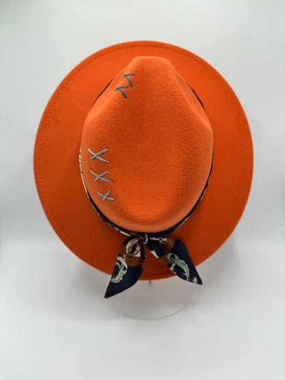 Orange fedora with navy blue details