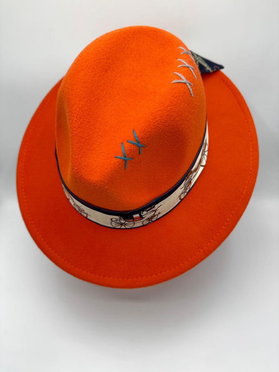 Orange fedora with navy blue details