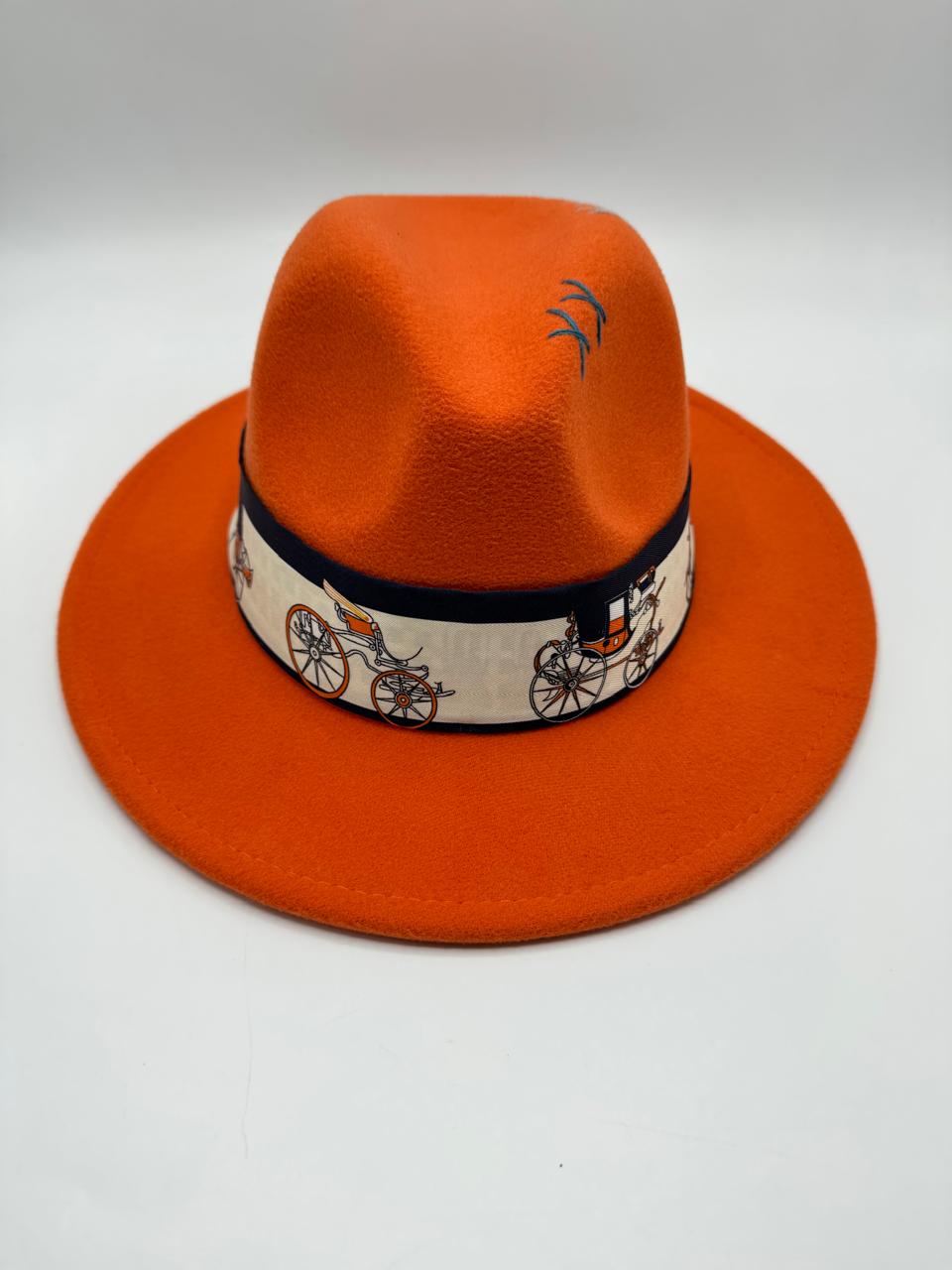 Orange fedora with navy blue details