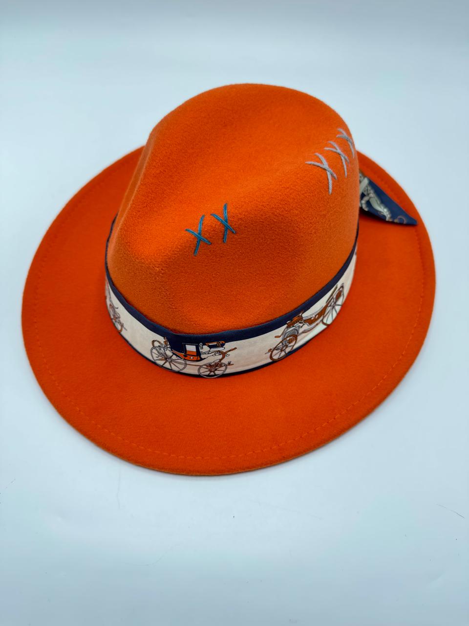 Orange fedora with navy blue details