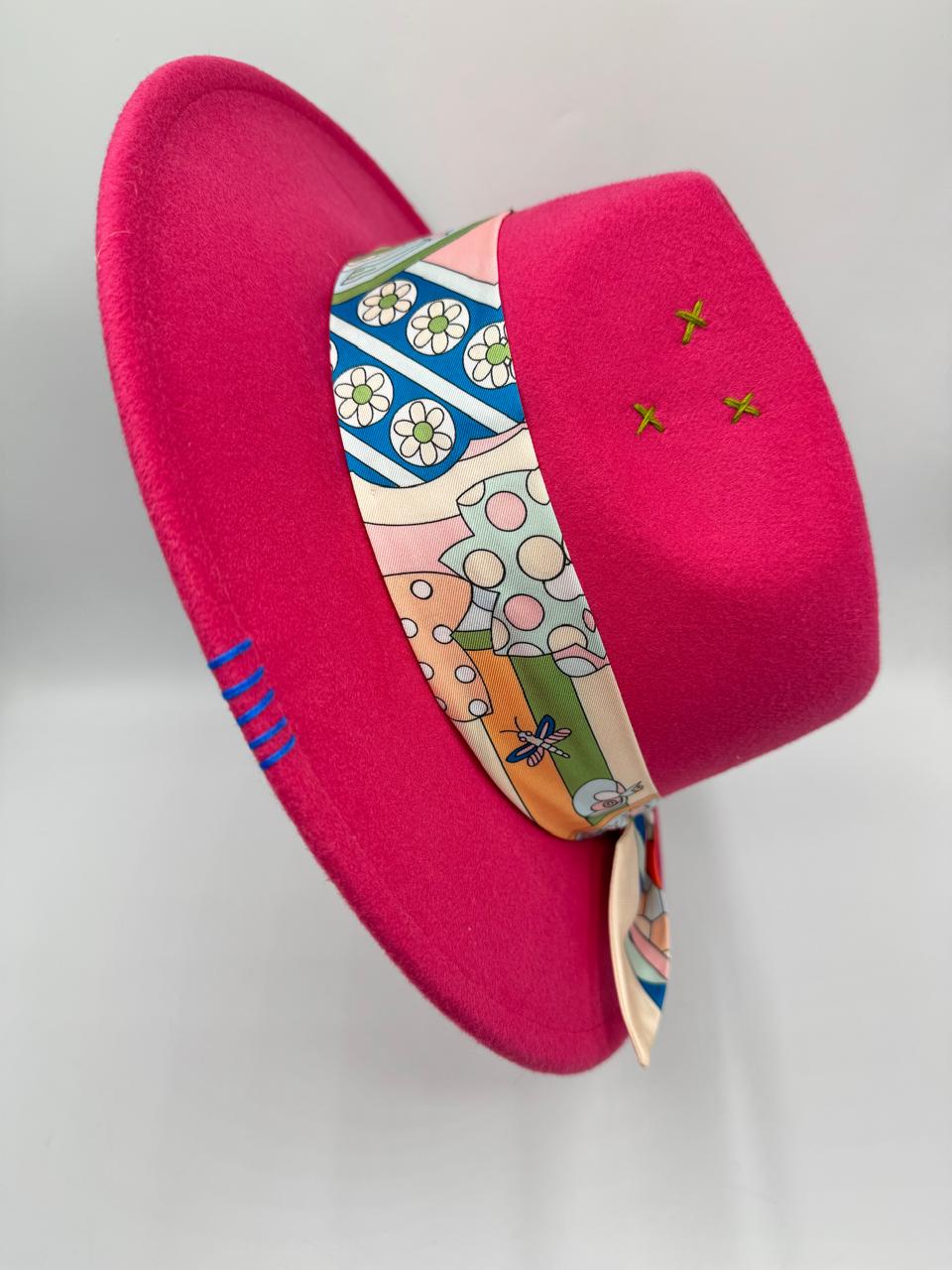 Fuchsia fedora with green and blue details