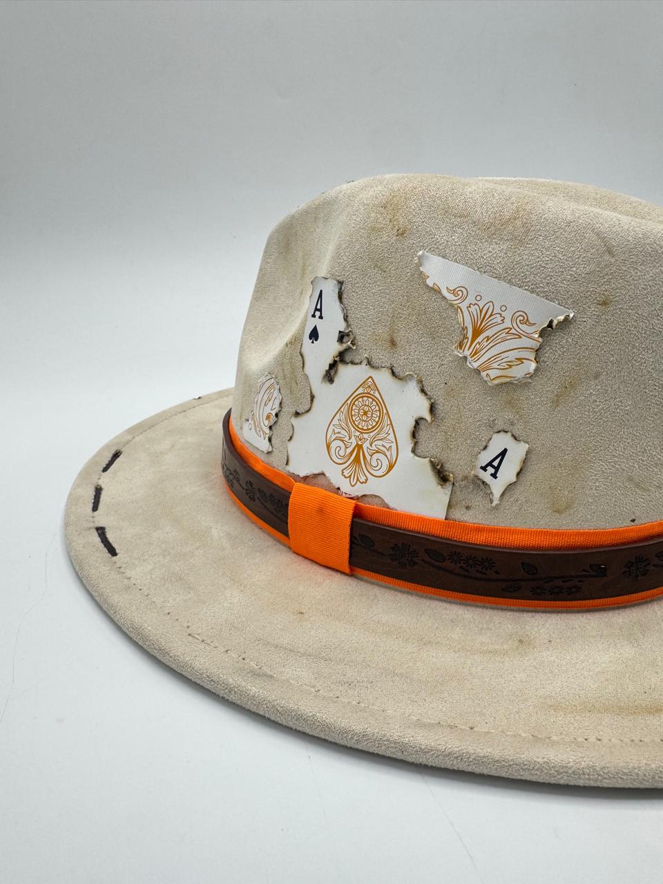 Suede fedora with deconstructed card