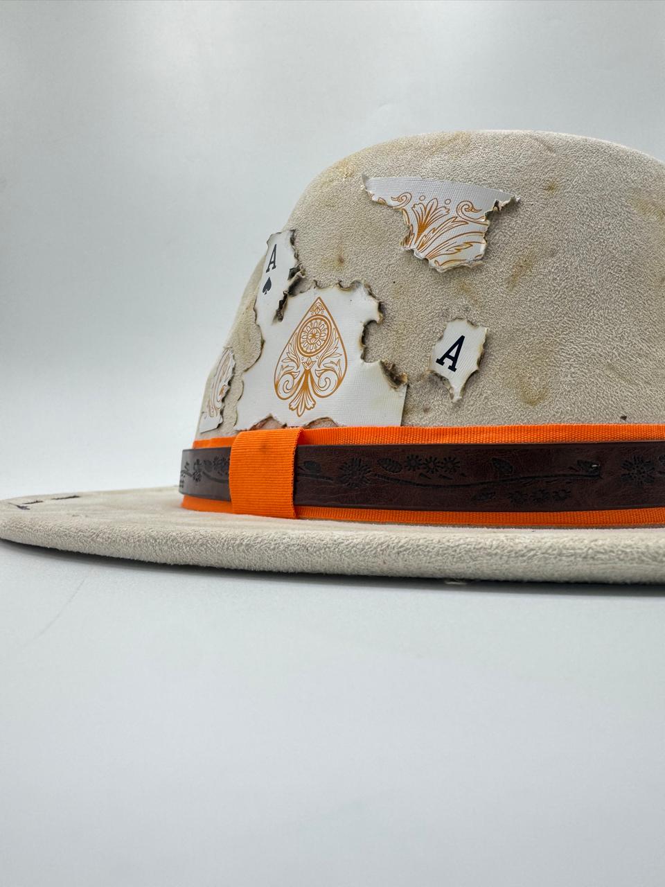 Suede fedora with deconstructed card