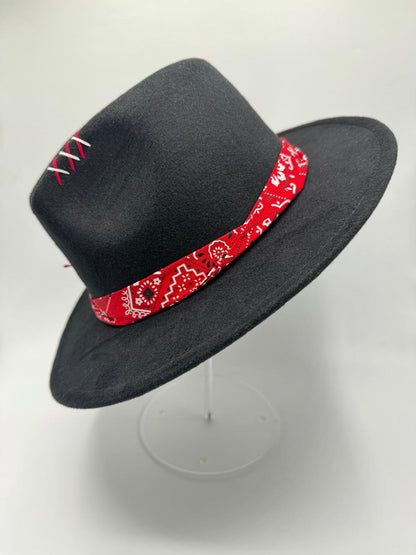 Black fedora with red bandana