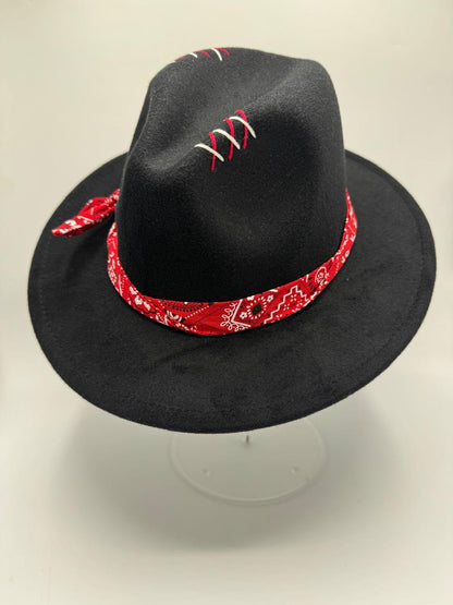 Black fedora with red bandana