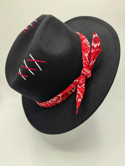 Black fedora with red bandana