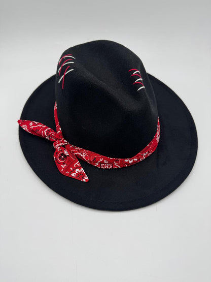 Black fedora with red bandana