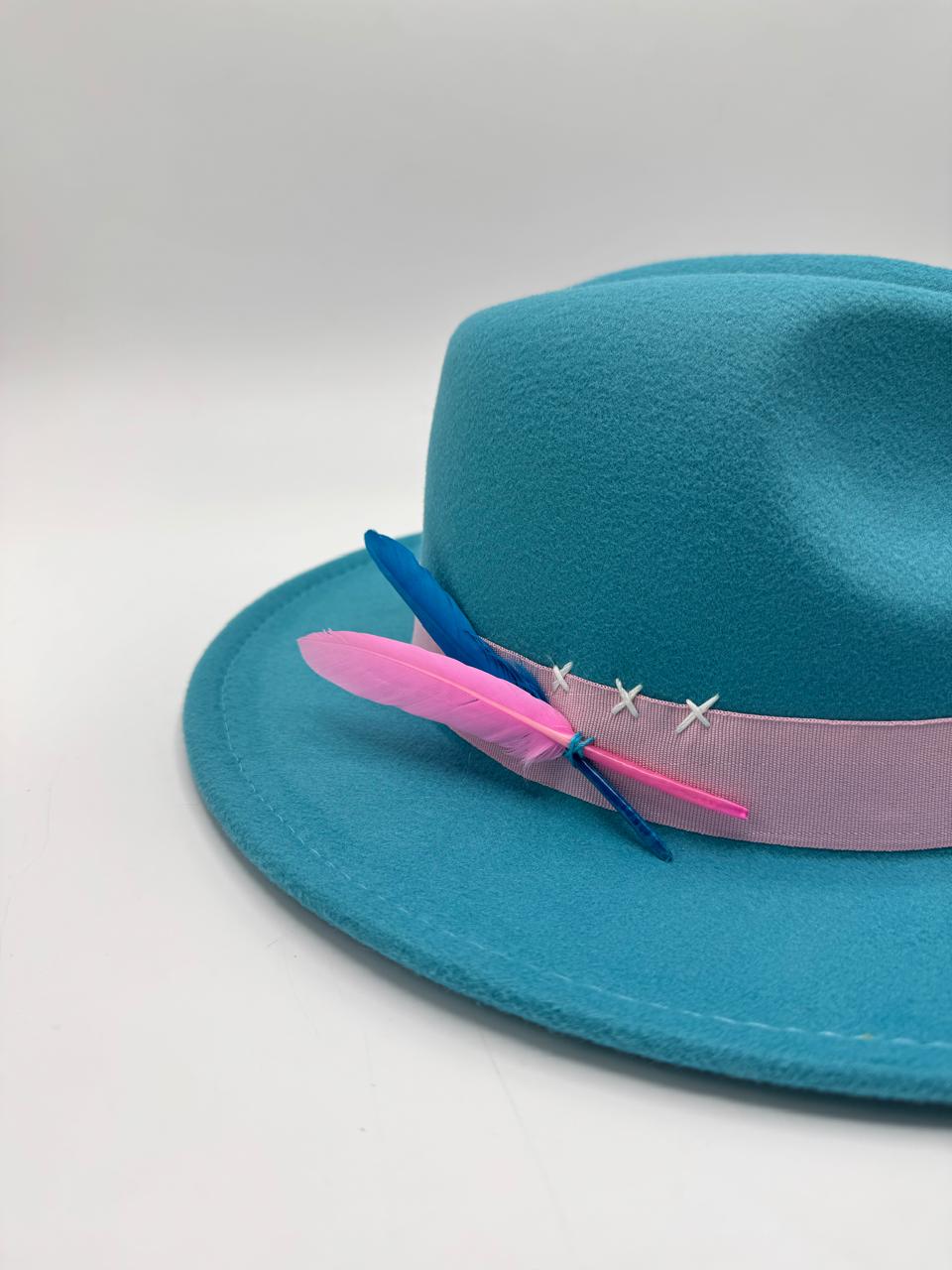 Turquoise fedora with pink details