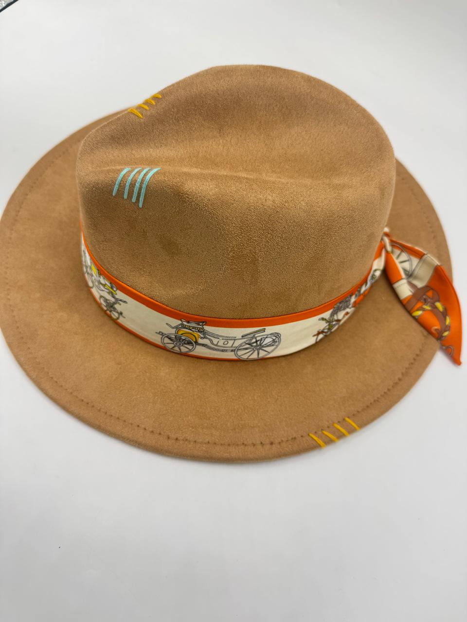 Suede fedora with orange and beige details