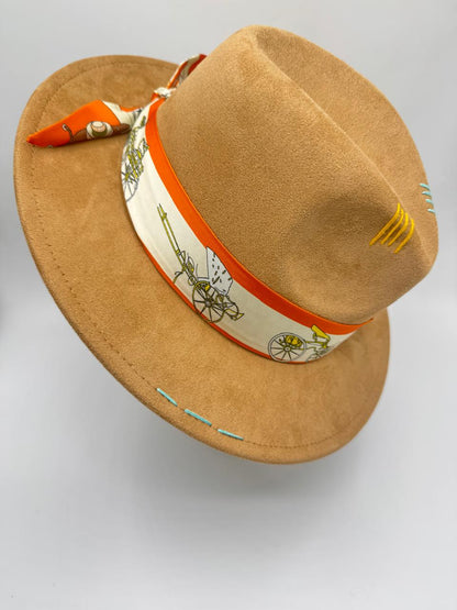 Suede fedora with orange and beige details