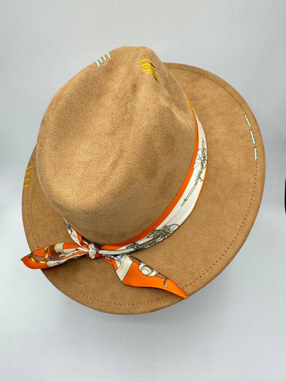 Suede fedora with orange and beige details