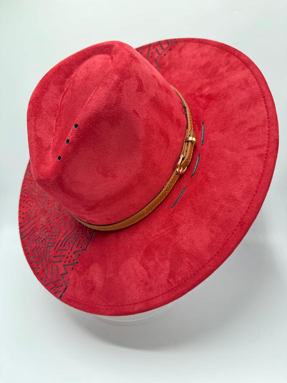 Wide brim fedora with carving and brown belt