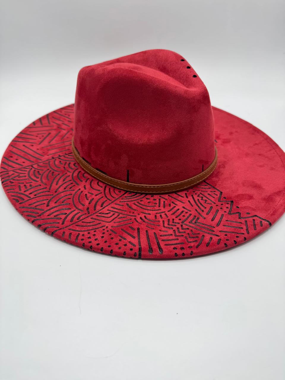 Wide brim fedora with carving and brown belt