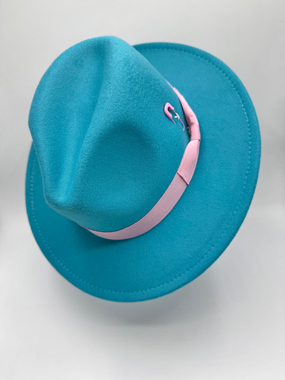 Turquoise fedora with pink details