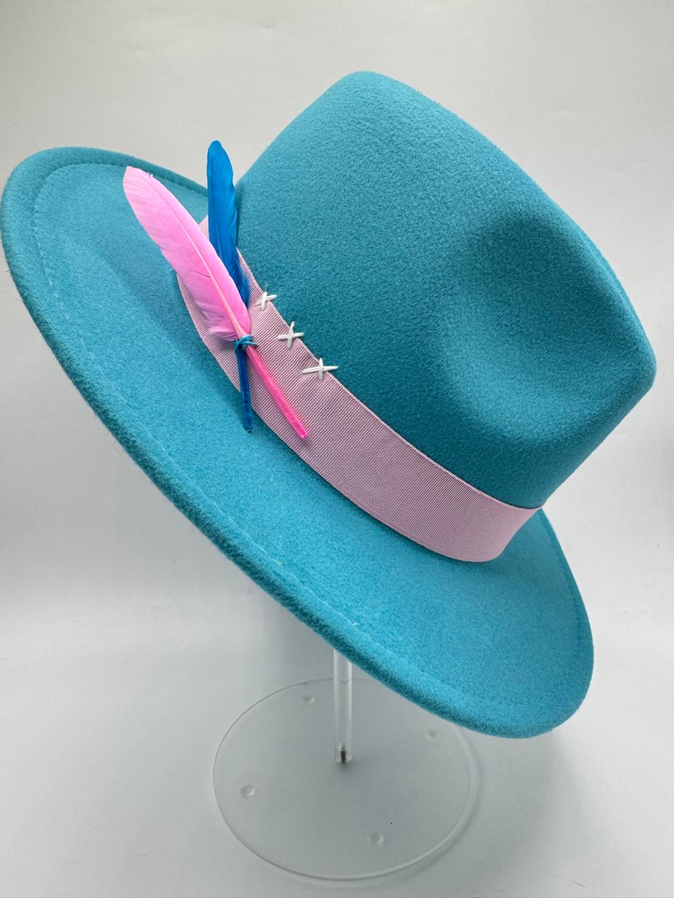 Turquoise fedora with pink details