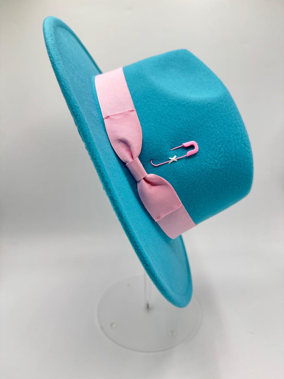 Turquoise fedora with pink details