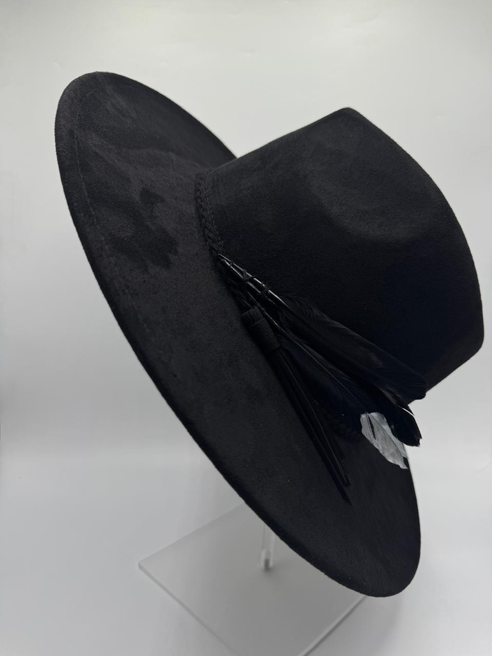 Wide brim black fedora with black and silver feathers