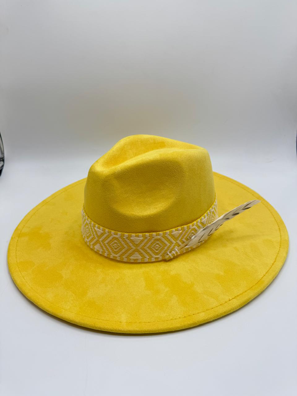 yellow wide brim fedora with feathers