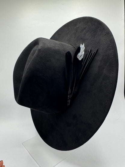 Wide brim black fedora with black and silver feathers