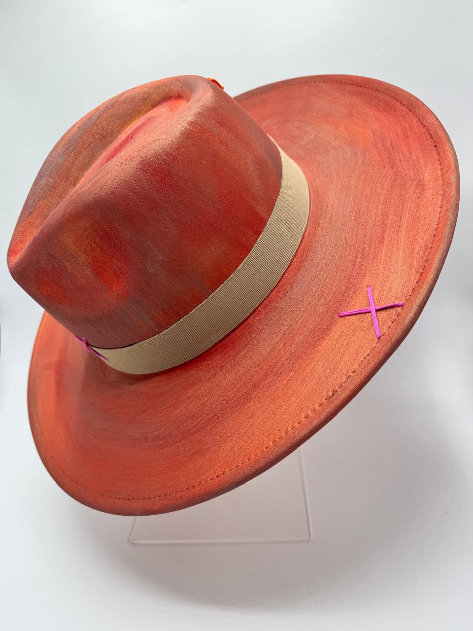 hand painted terracotta color wide brim fedora