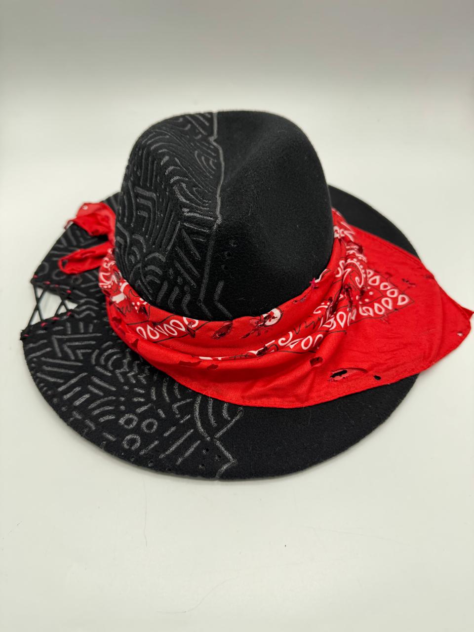 Hand crafted fedora with red bandana accessory