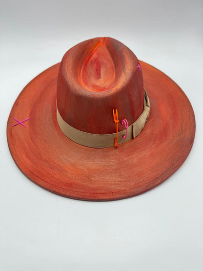 hand painted terracotta color wide brim fedora