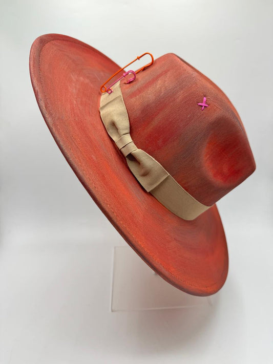 hand painted terracotta color wide brim fedora