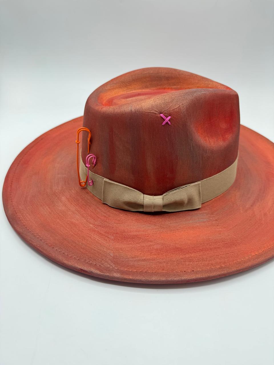 hand painted terracotta color wide brim fedora