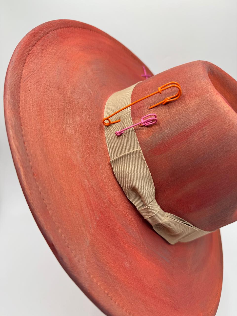 hand painted terracotta color wide brim fedora