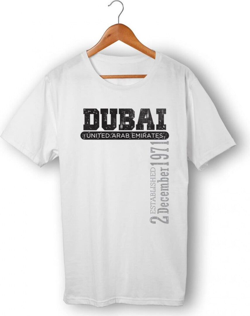 White combed cotton T-Shirt with Dubai Est. Design- Adult Small