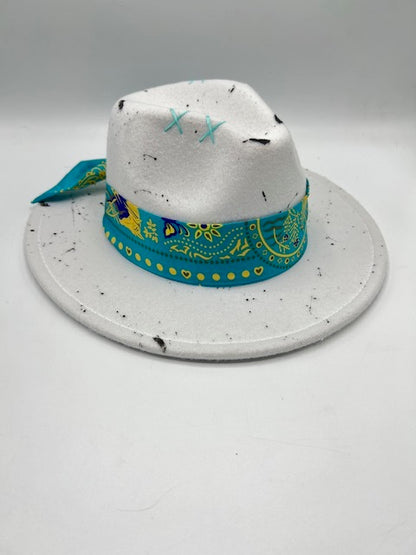 White fedora with blue bandana and splashes